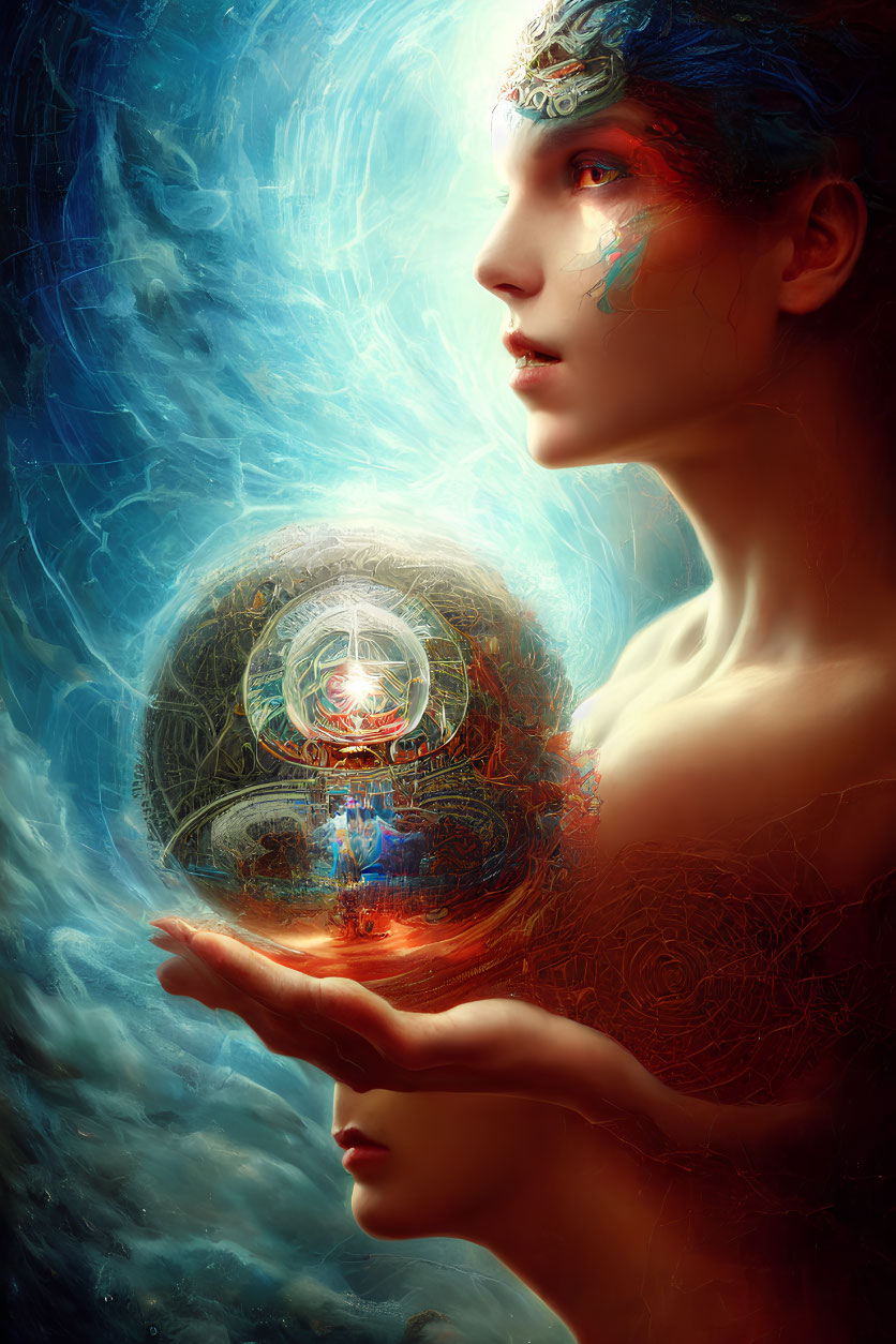 Woman holding luminescent orb with swirling ethereal elements