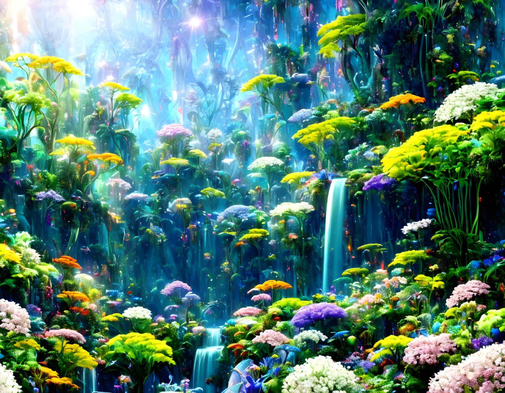 Colorful Flower Garden with Cascading Waterfalls in Mystical Light