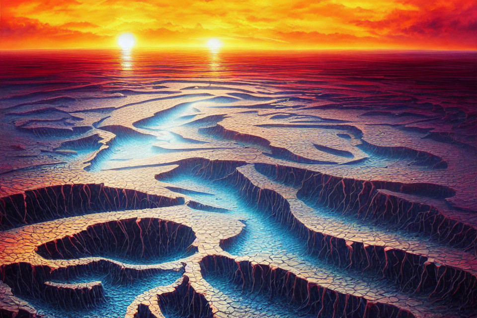 Dual suns illuminate cracked land under fiery sky in vibrant landscape