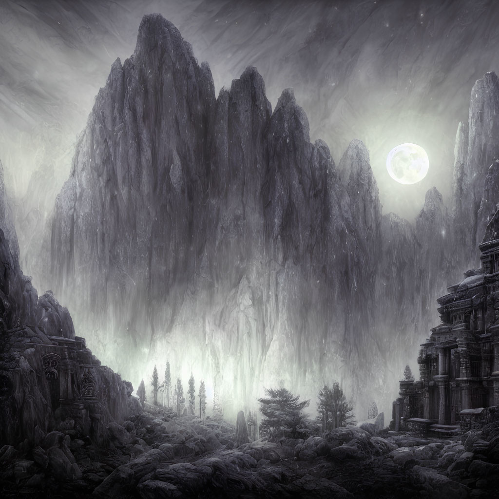 Moonlit mystical landscape with towering mountains and ancient ruins in misty atmosphere