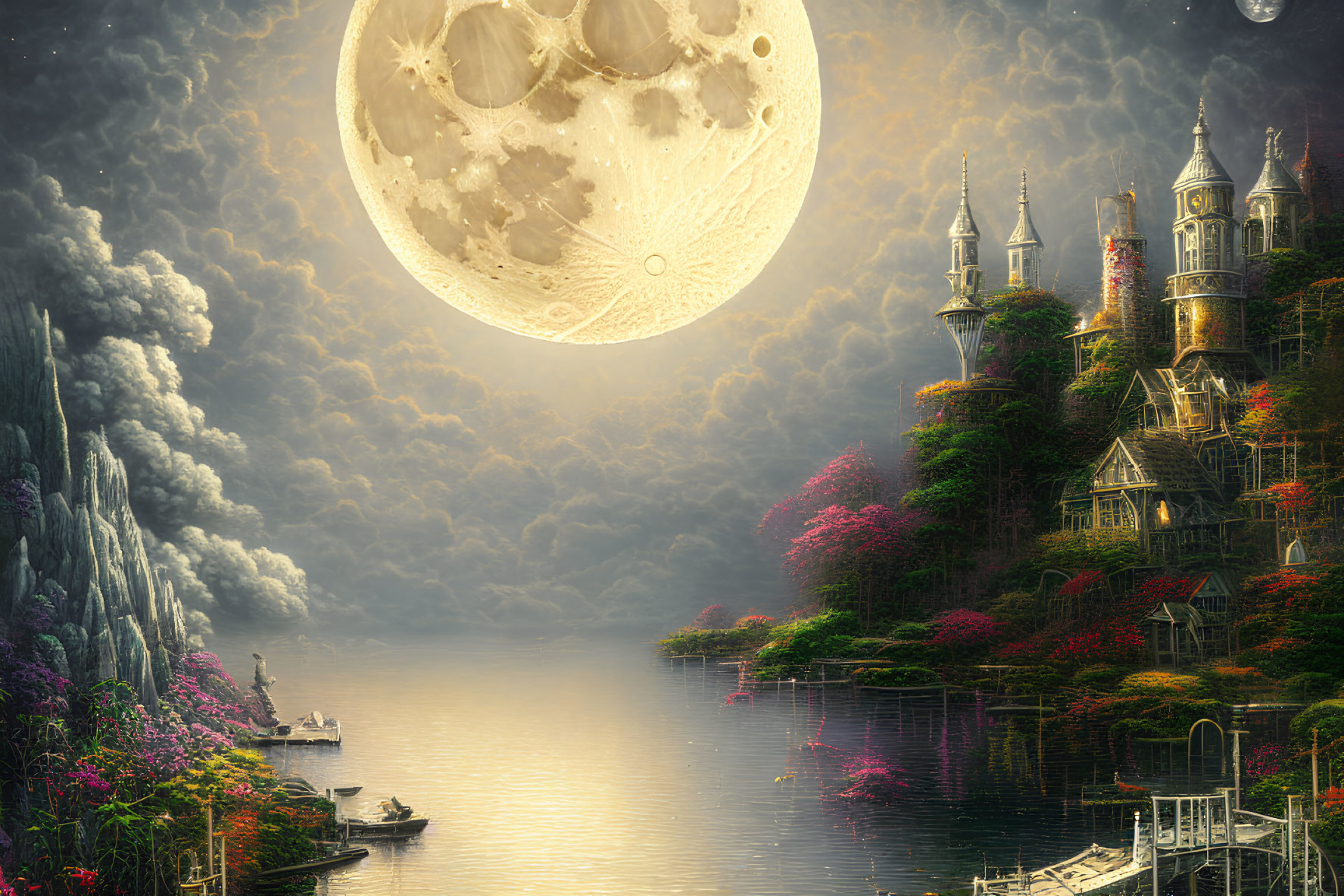 Luminous castles on cliffs, vibrant flora, serene lake, pier, oversized moon landscape.