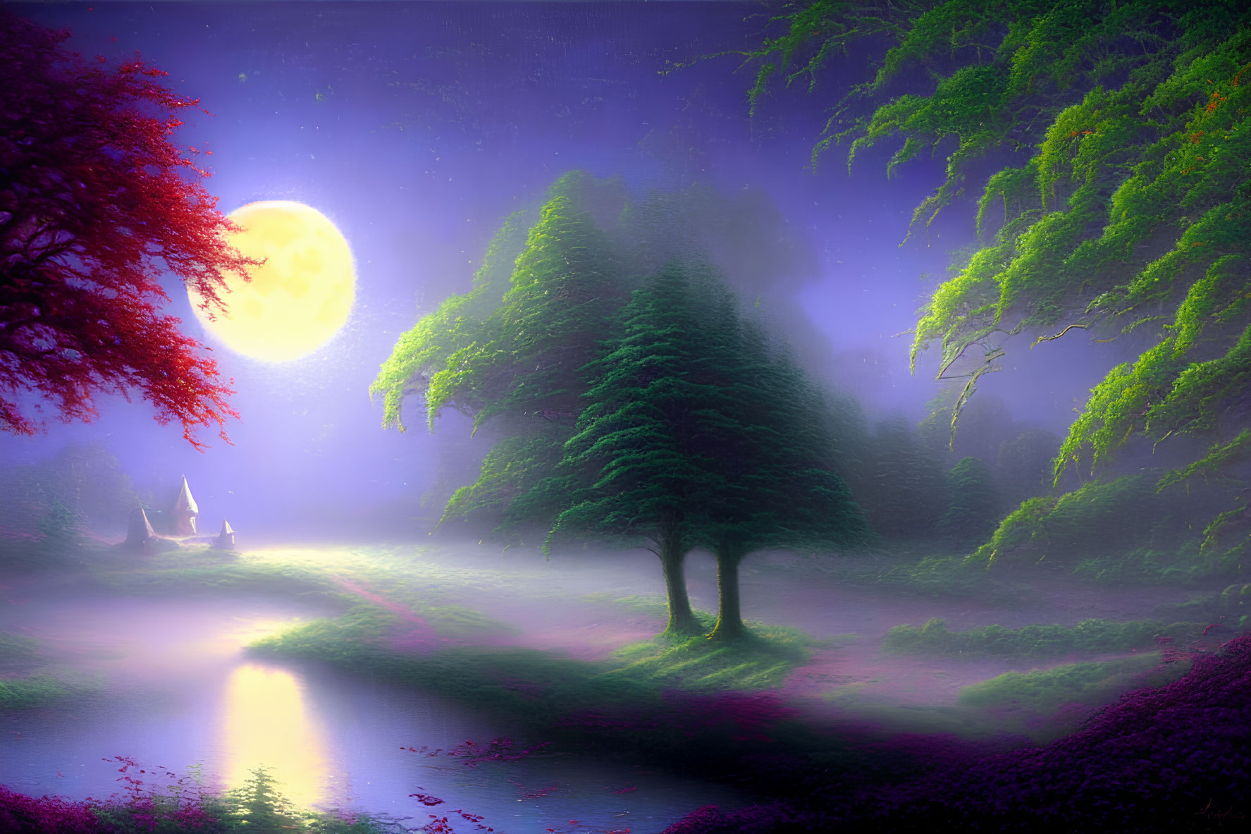 Mystical landscape with evergreen trees, full moon, mist, river, and starry sky