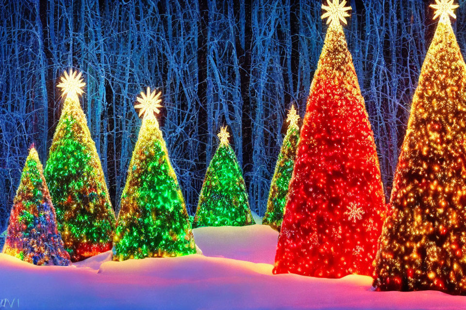 Vibrant Christmas trees with star toppers in snowy forest at night