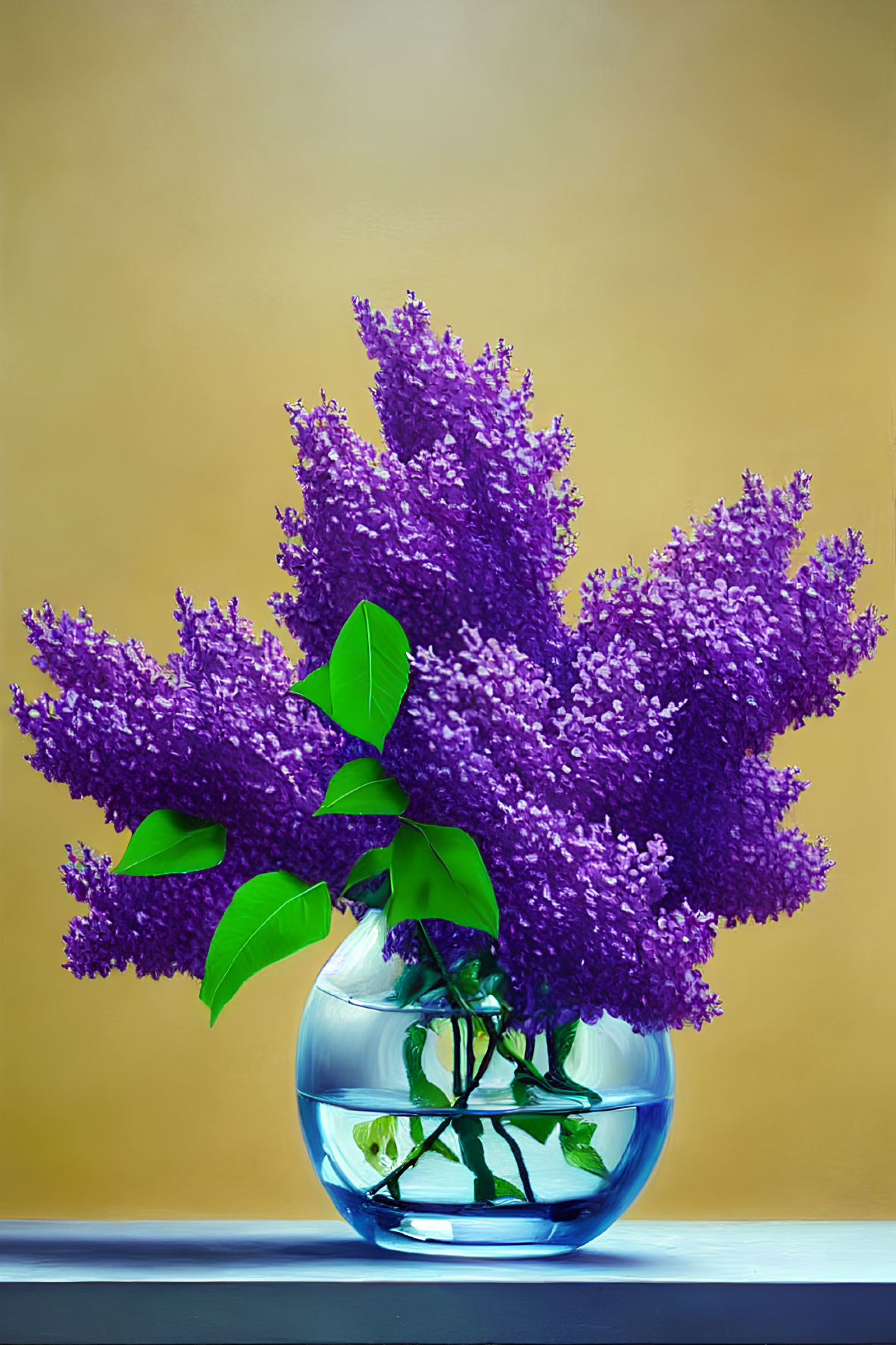 Purple lilacs in round glass vase on warm yellow background