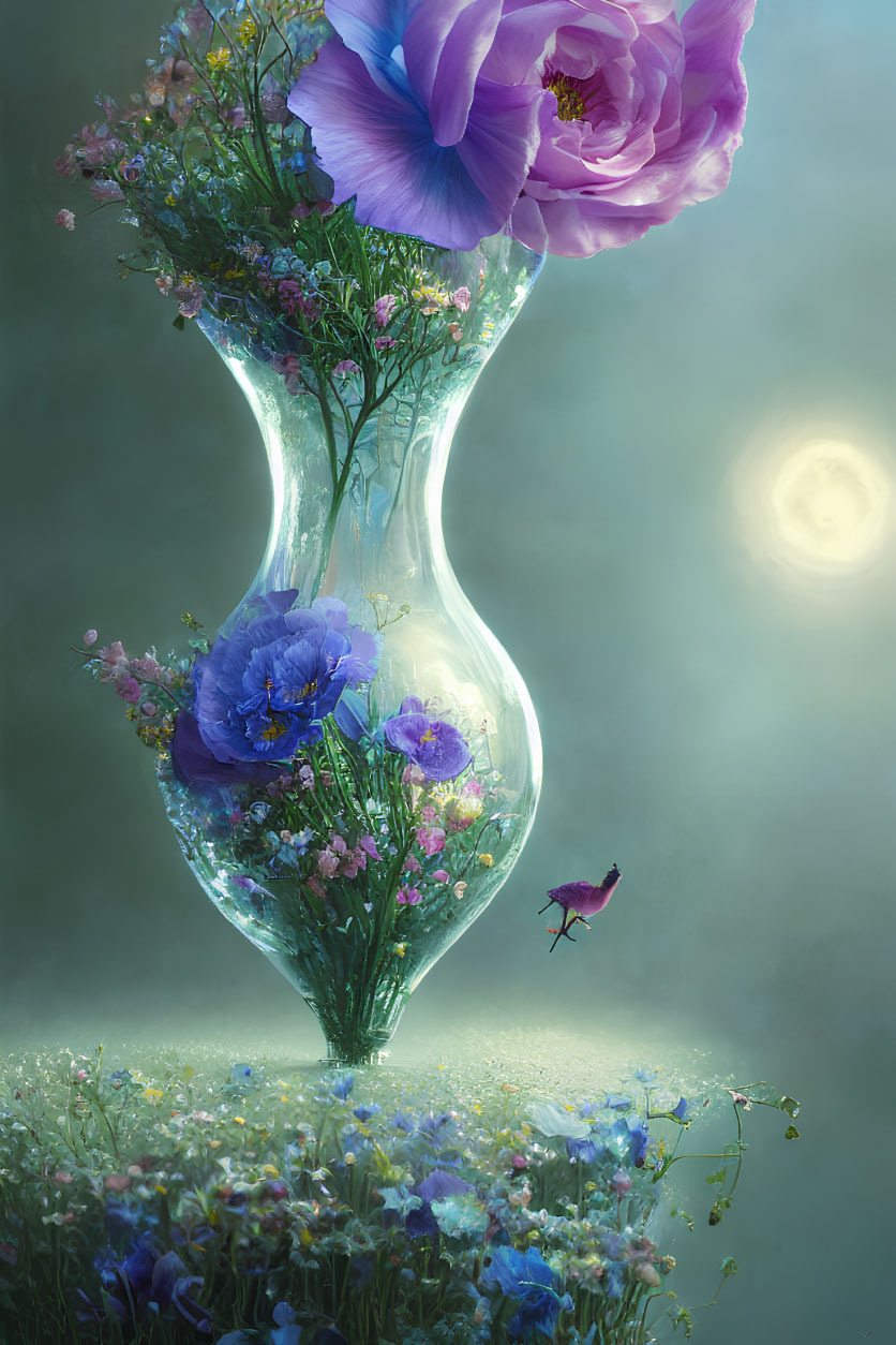 Transparent Hourglass Vase with Vibrant Flowers, Bird on Luminous Surface