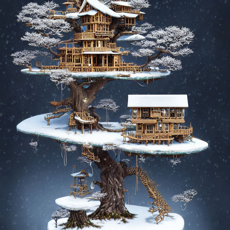 Intricate multi-level treehouse in snowy landscape under night sky