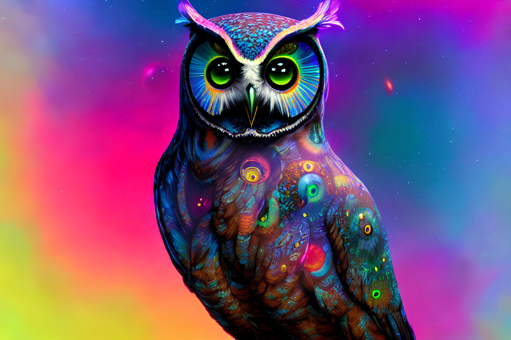 Colorful Owl Artwork with Psychedelic Patterns and Neon Colors