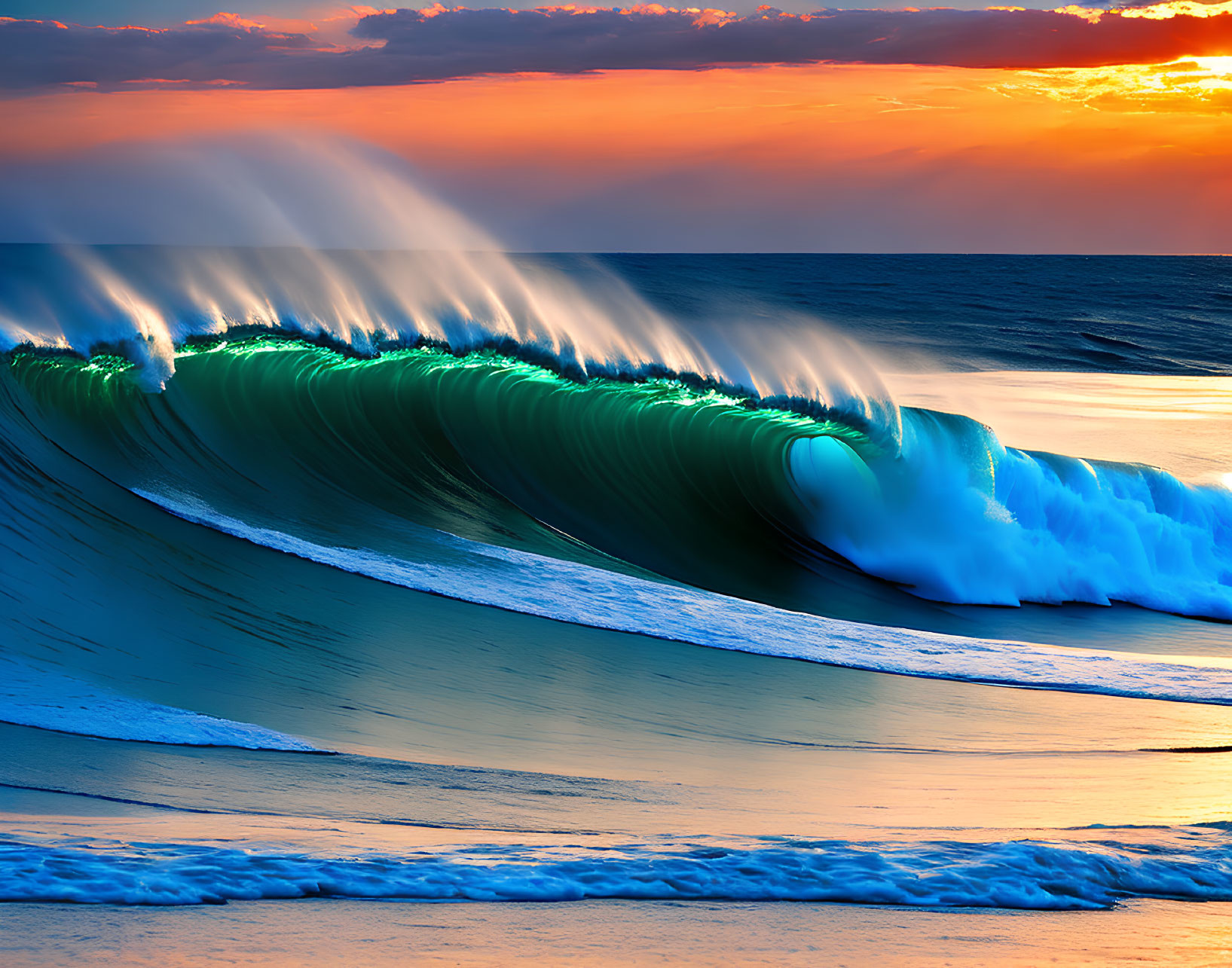 Vibrant ocean sunset with curling wave and mist against orange sky