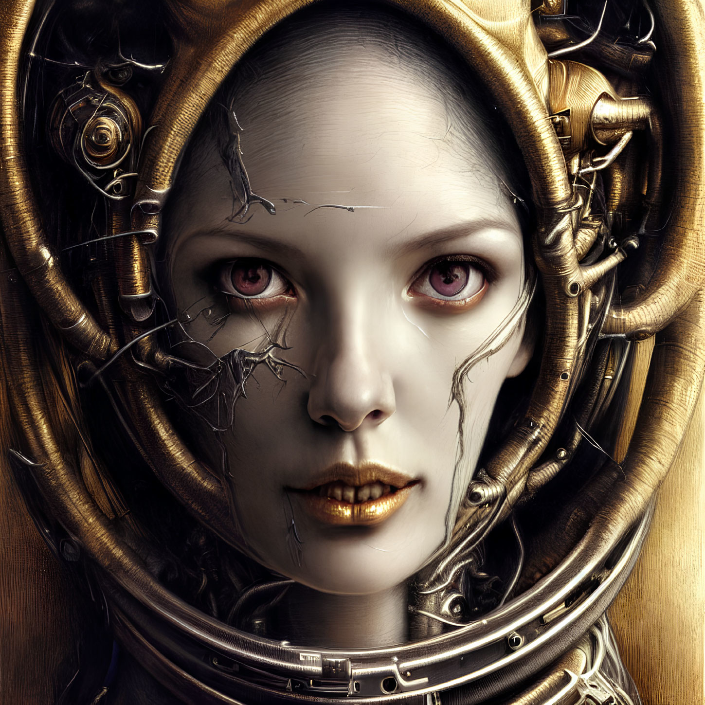 Digital Artwork: Woman with Red Eyes in Intricate Mechanic Structures