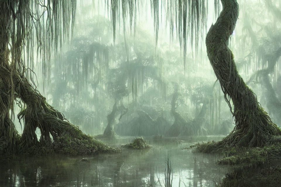 Ethereal swamp with twisted trees and hanging moss in misty setting