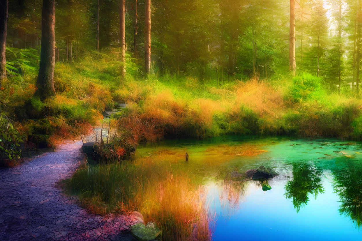 Tranquil forest landscape with blue pond and stone path