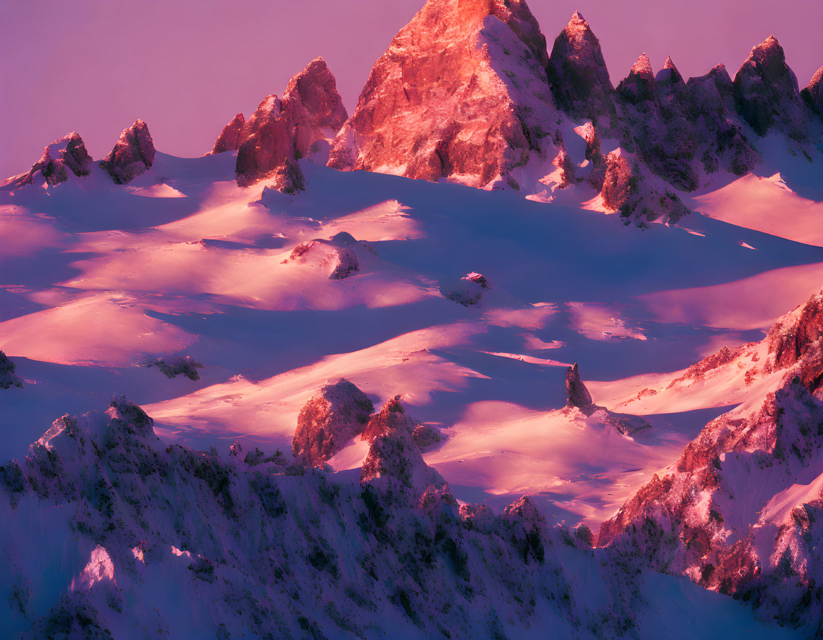 Snow-covered mountain peaks glowing in pink and purple under a gradient sky