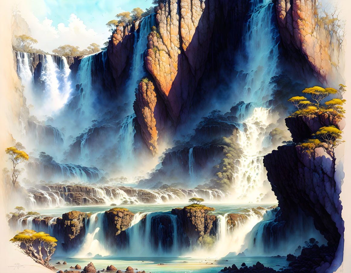 Vibrant multi-tiered waterfall over rocky cliff