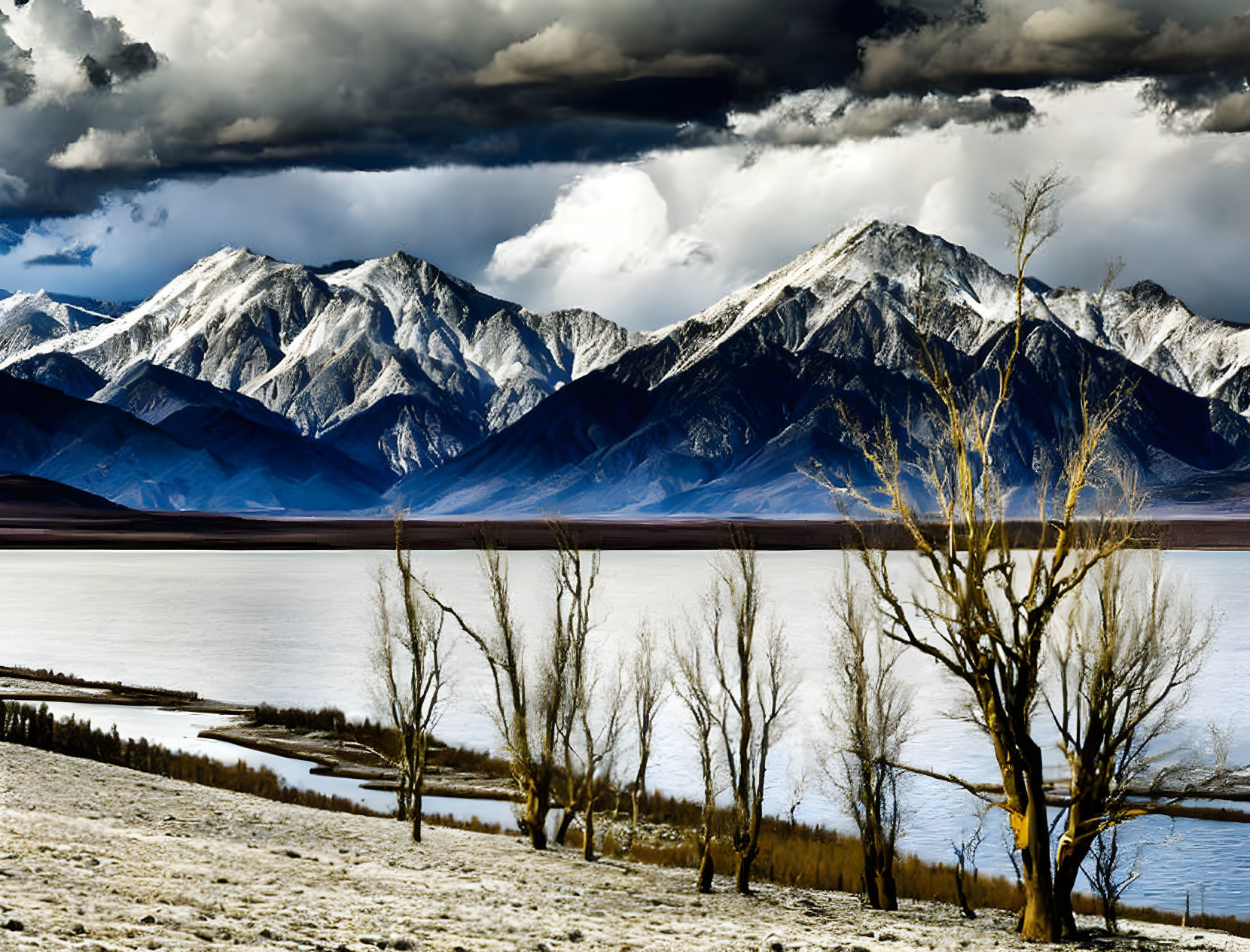 Serene lake with barren trees under stormy skies