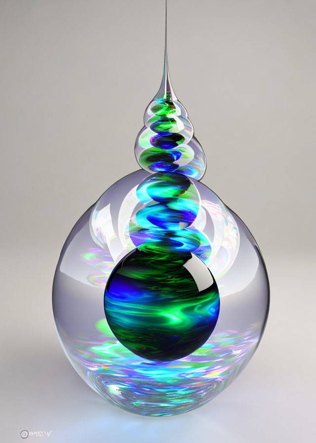 Digitally-created transparent sphere with colorful reflective spheres inside forming an elongated teardrop shape