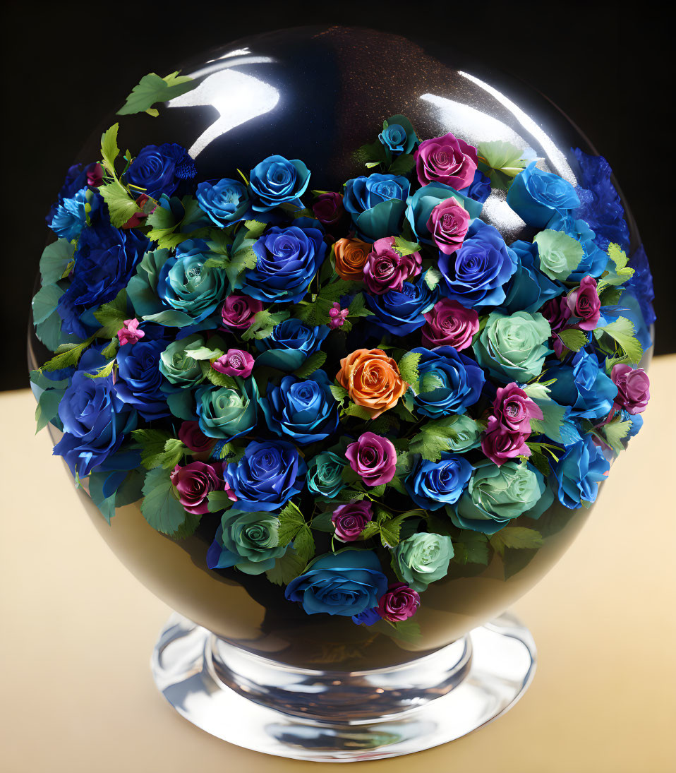 Multicolored Roses Bouquet in Glossy Sphere Vase