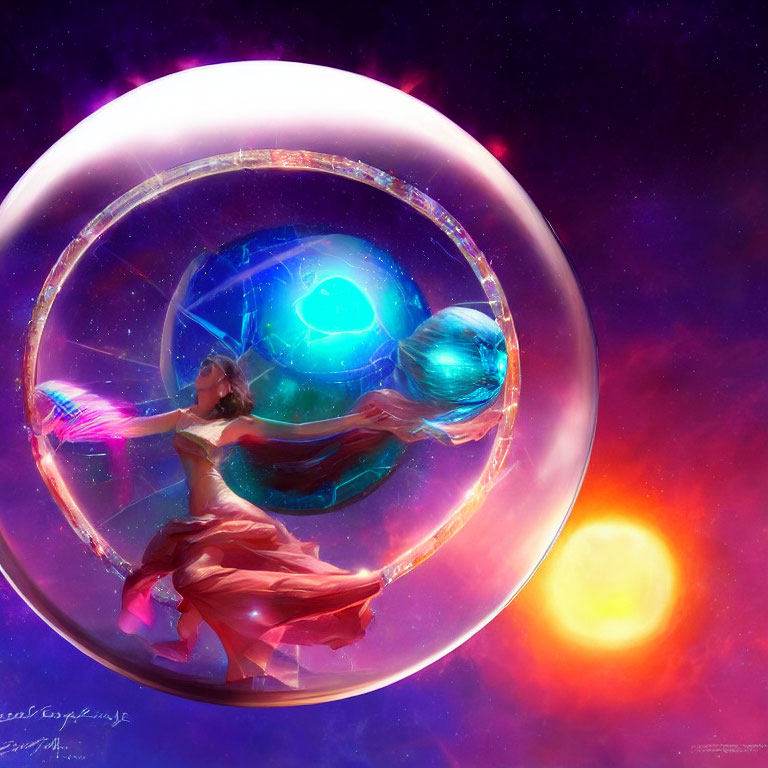 Woman dancing in flowing attire amidst cosmic orbs and glowing rings