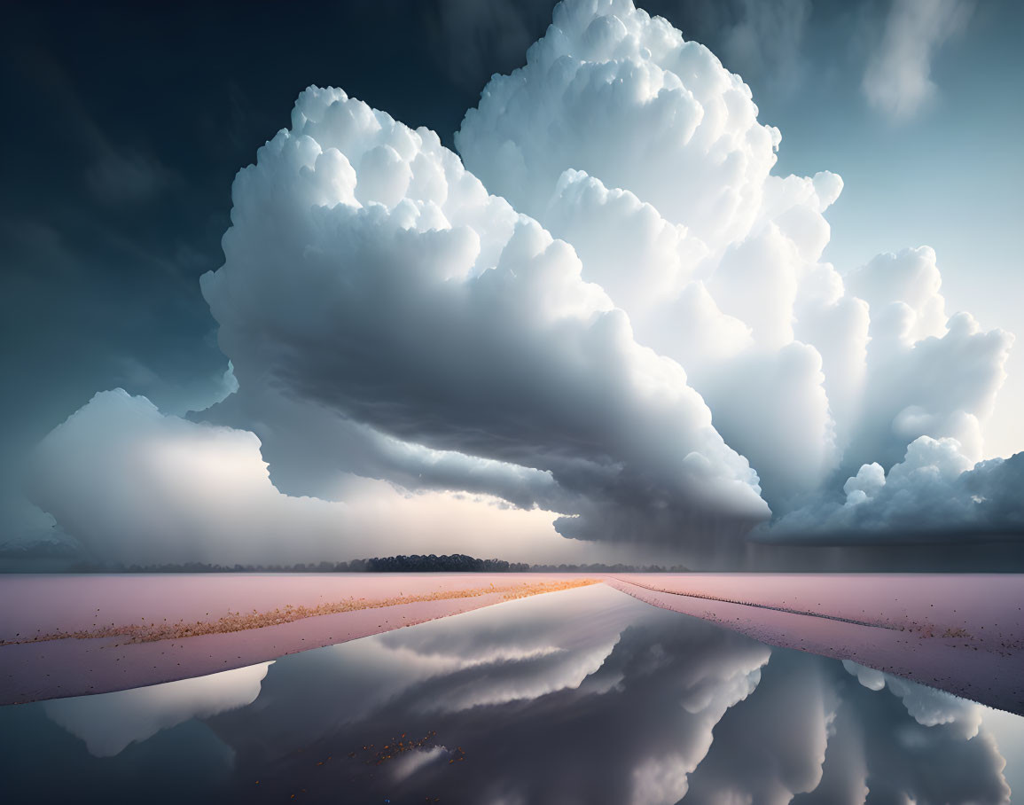 Dramatic clouds over reflective lake with pink hues