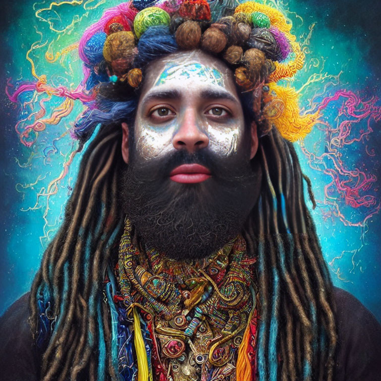 Colorful turban and decorated beard in mystical setting