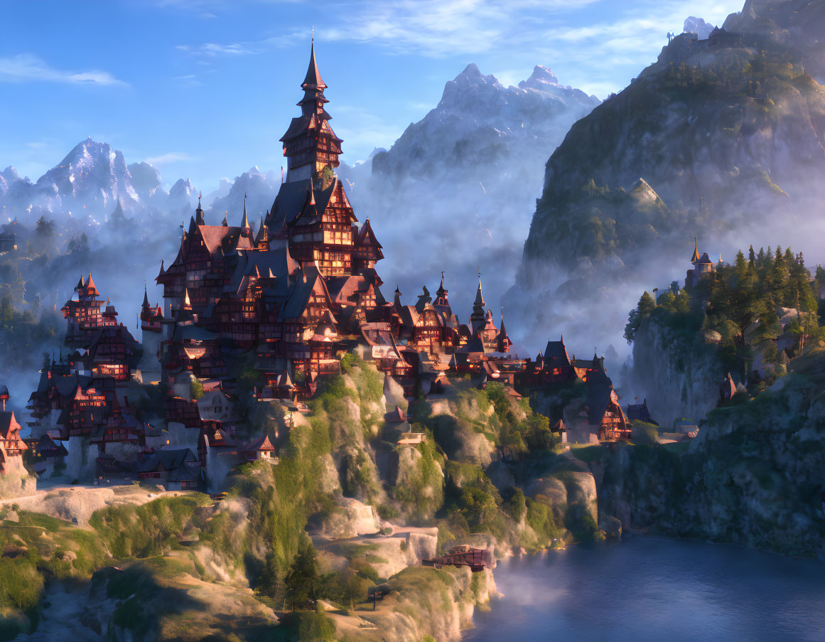 Multi-tiered wooden buildings in fantasy village by lake, forest, and mountains with mist.