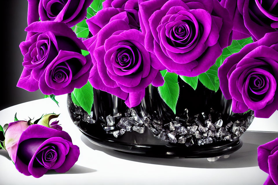 Purple roses in black vase with green leaves and crystals on reflective surface