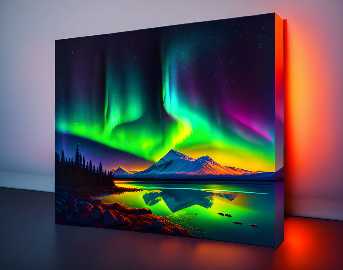 Northern Lights canvas print with snow-capped mountain and lake reflection on white wall