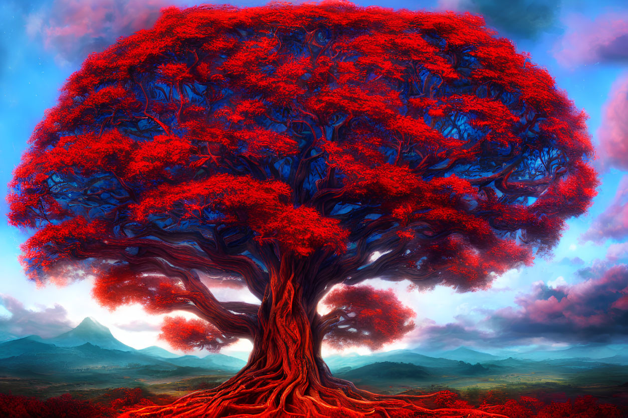 Vibrant red tree with thick trunk in mountainous landscape