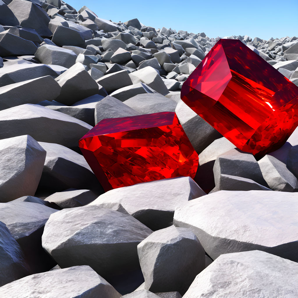 Red Crystals on Grey Boulder Field under Blue Sky