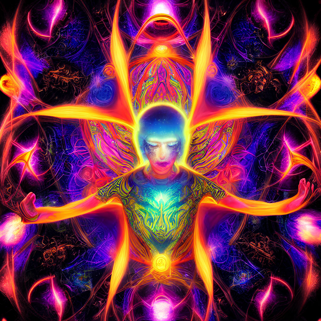 Colorful digital artwork of multi-armed figure in luminous patterns