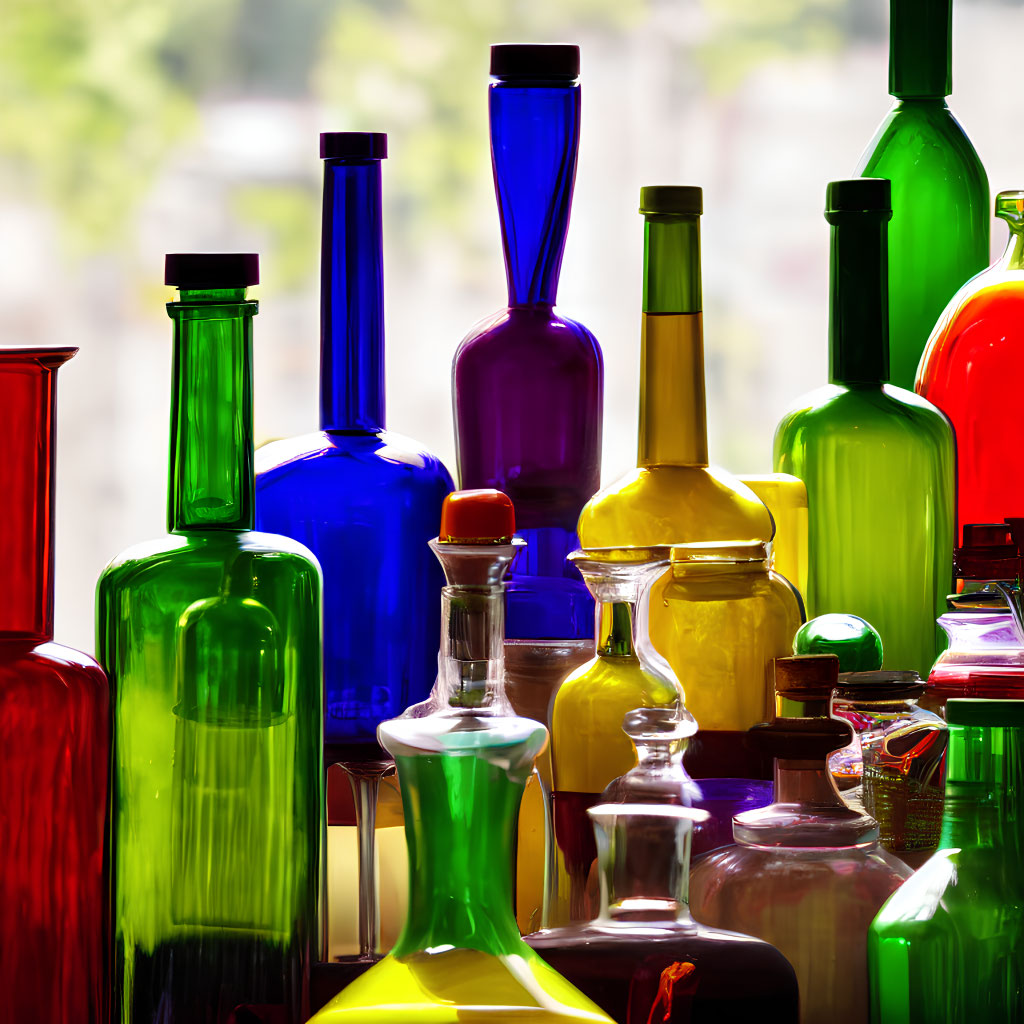 Vibrant backlit glass bottles in assorted shapes and sizes