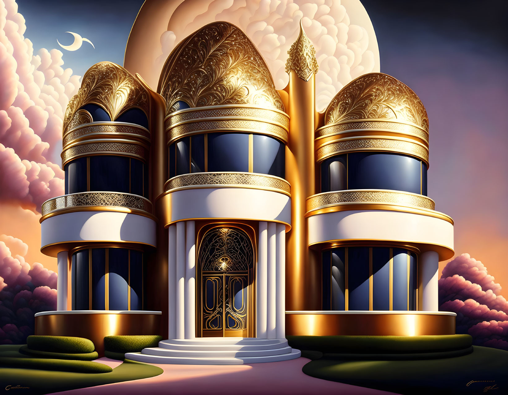 Fantasy palace with golden domes and pink clouds scenery