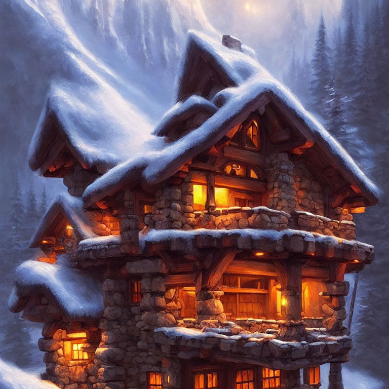 Snowy forest stone cabin with warm glowing lights