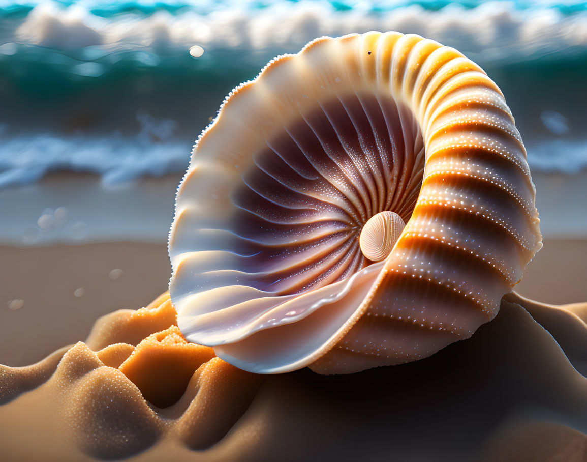 Detailed Nautilus Shell on Sandy Beach with Shimmering Sea and Warm Sunlight