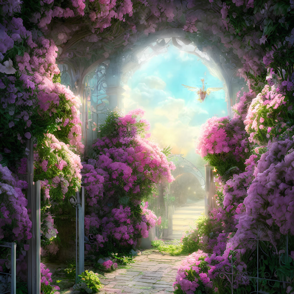 Lush Pink Blossom Garden Archway with Dragonfly in Sunlit Clearing