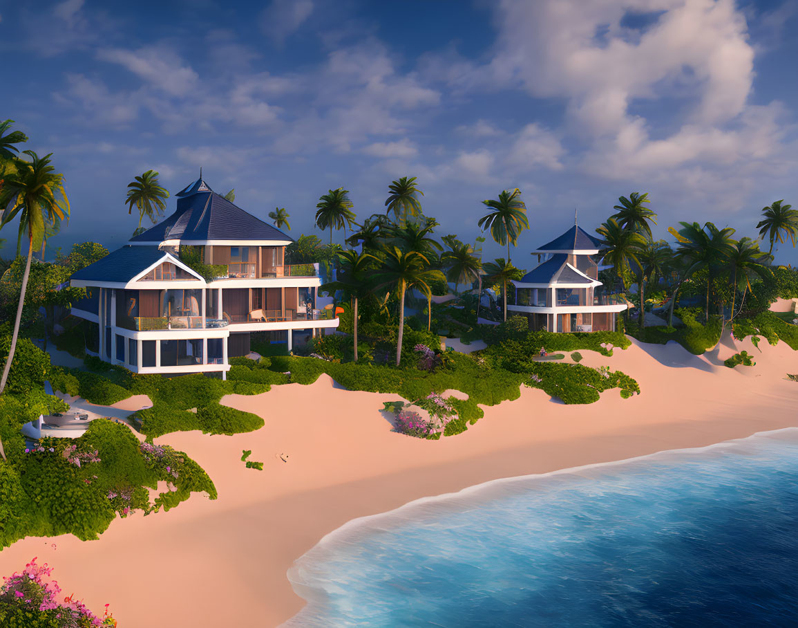 Beachfront villas with palm trees on sandy shore & blue sky