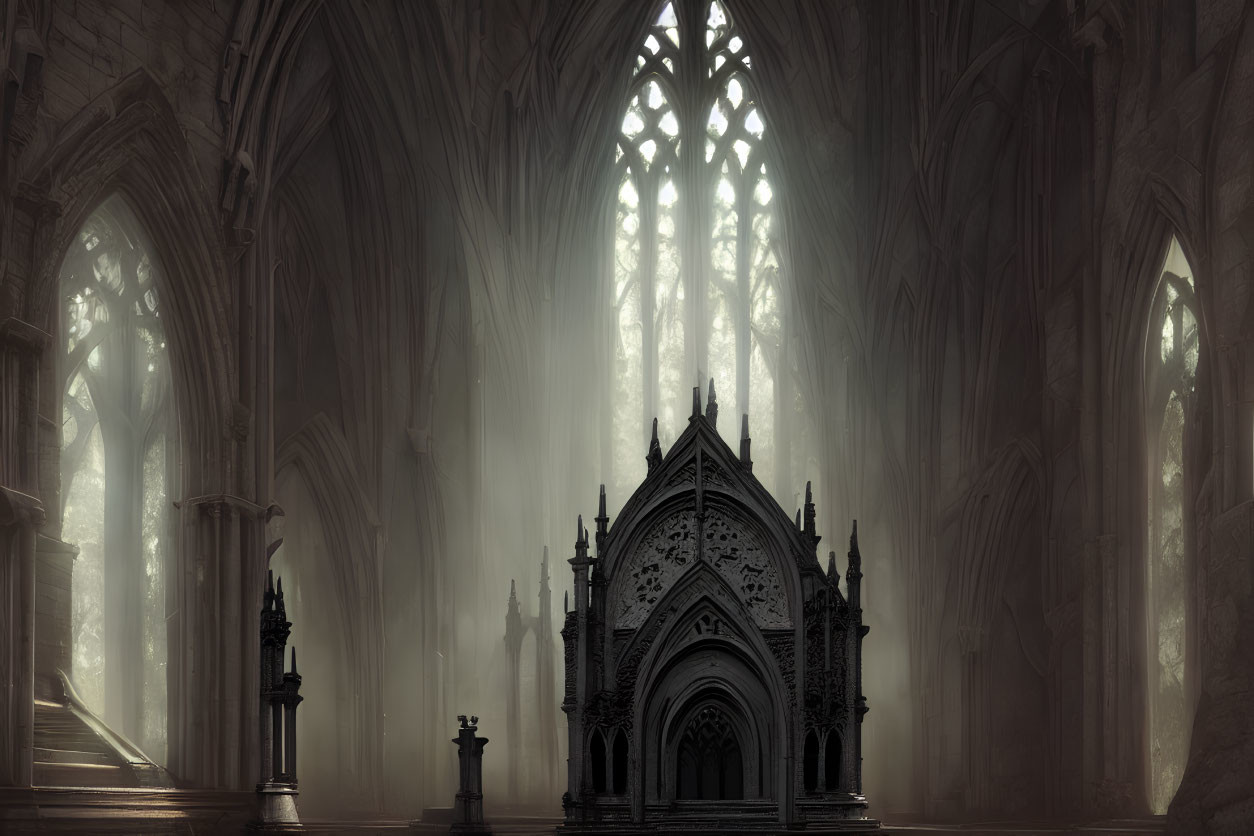 Gothic Cathedral Interior with Sunbeams and Stained Glass Windows