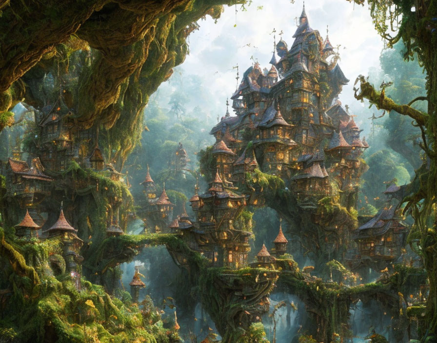 Ancient forest with pagoda-style village in mystical haze