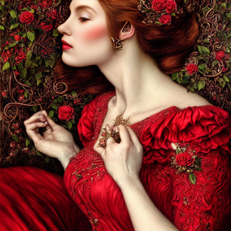 Woman in Red Dress with Roses in Hair and Blooming Roses Background