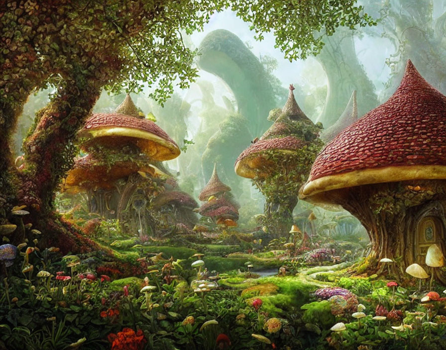 Enigmatic oversized mushroom houses in mystical forest landscape