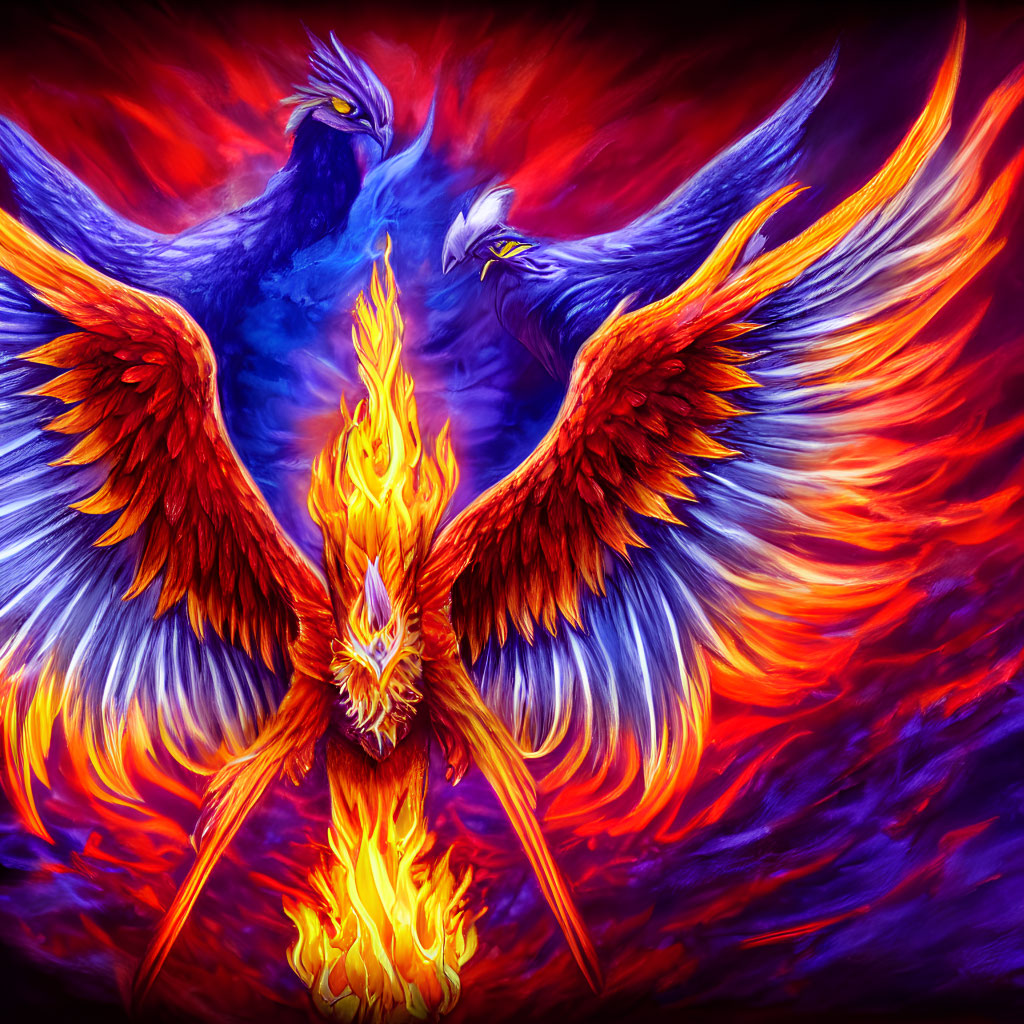 Colorful Phoenix Artwork with Blue Birds and Flames