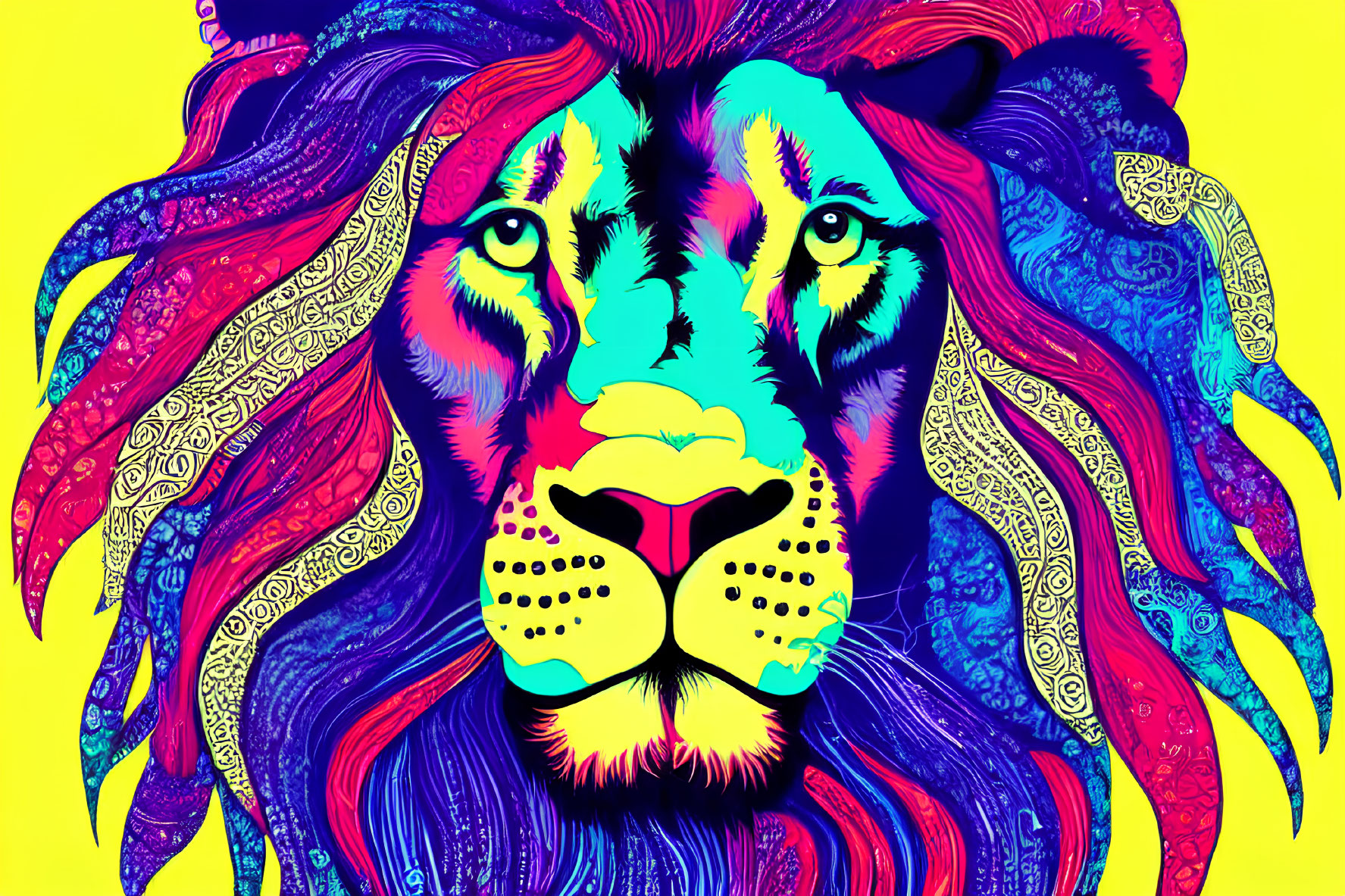 Colorful Psychedelic Lion Head Illustration on Yellow Background