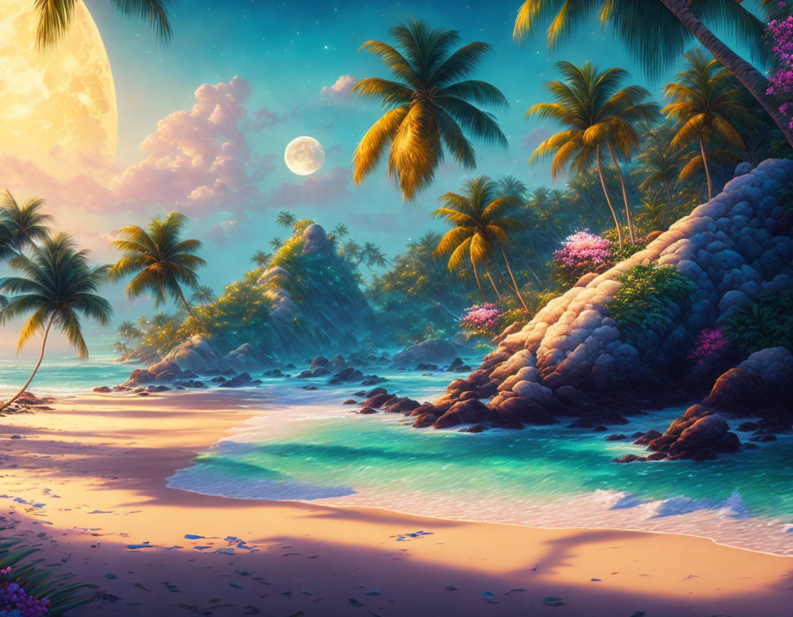 Tropical beach scene at dusk with palm trees, moon, and waves