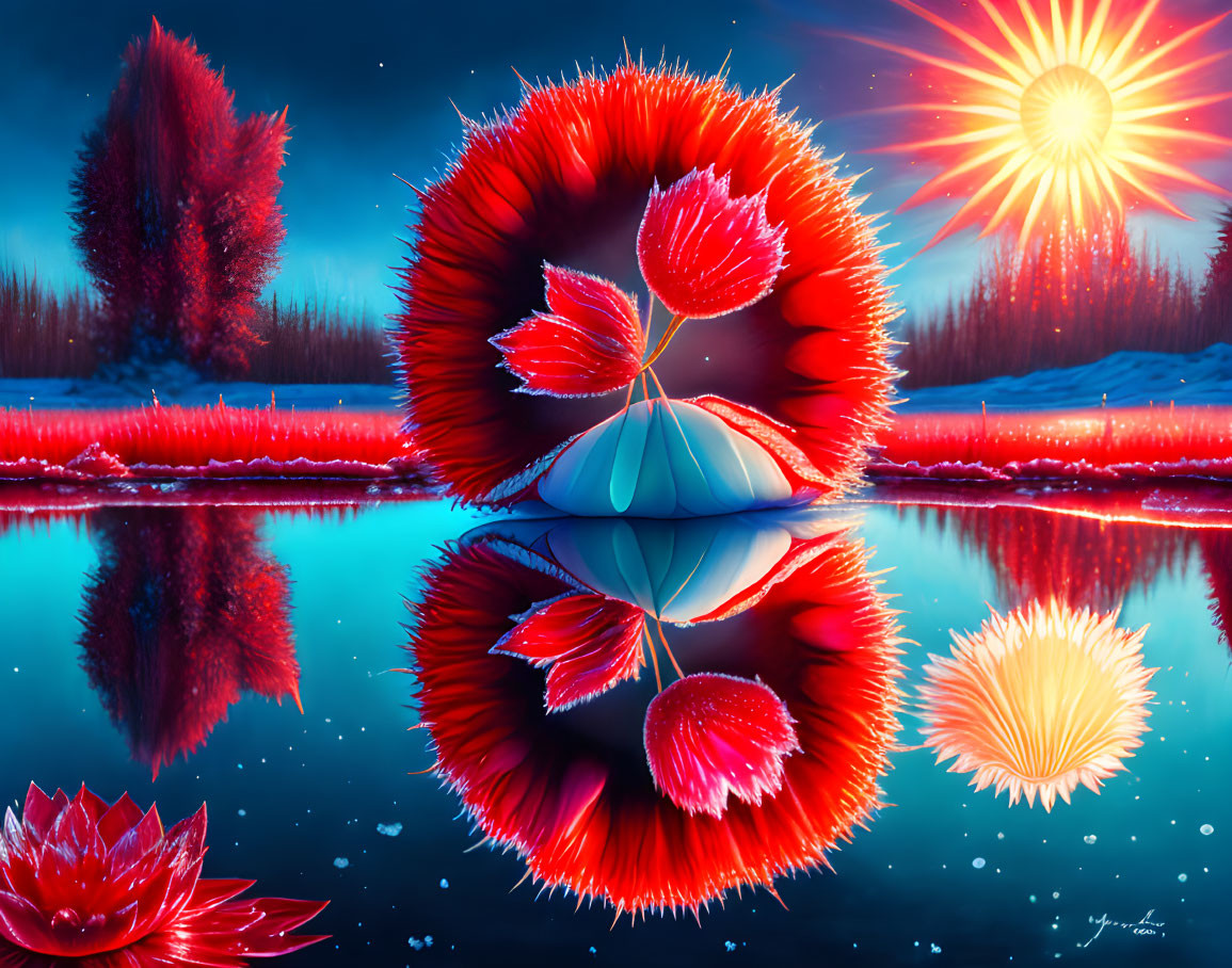 Surreal landscape artwork with red flora, blue lake, and luminous sun