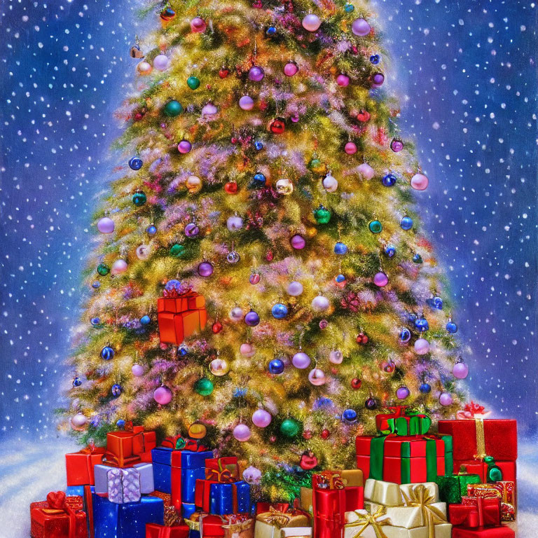 Colorful Christmas tree with baubles and lights, surrounded by gifts under starry sky.