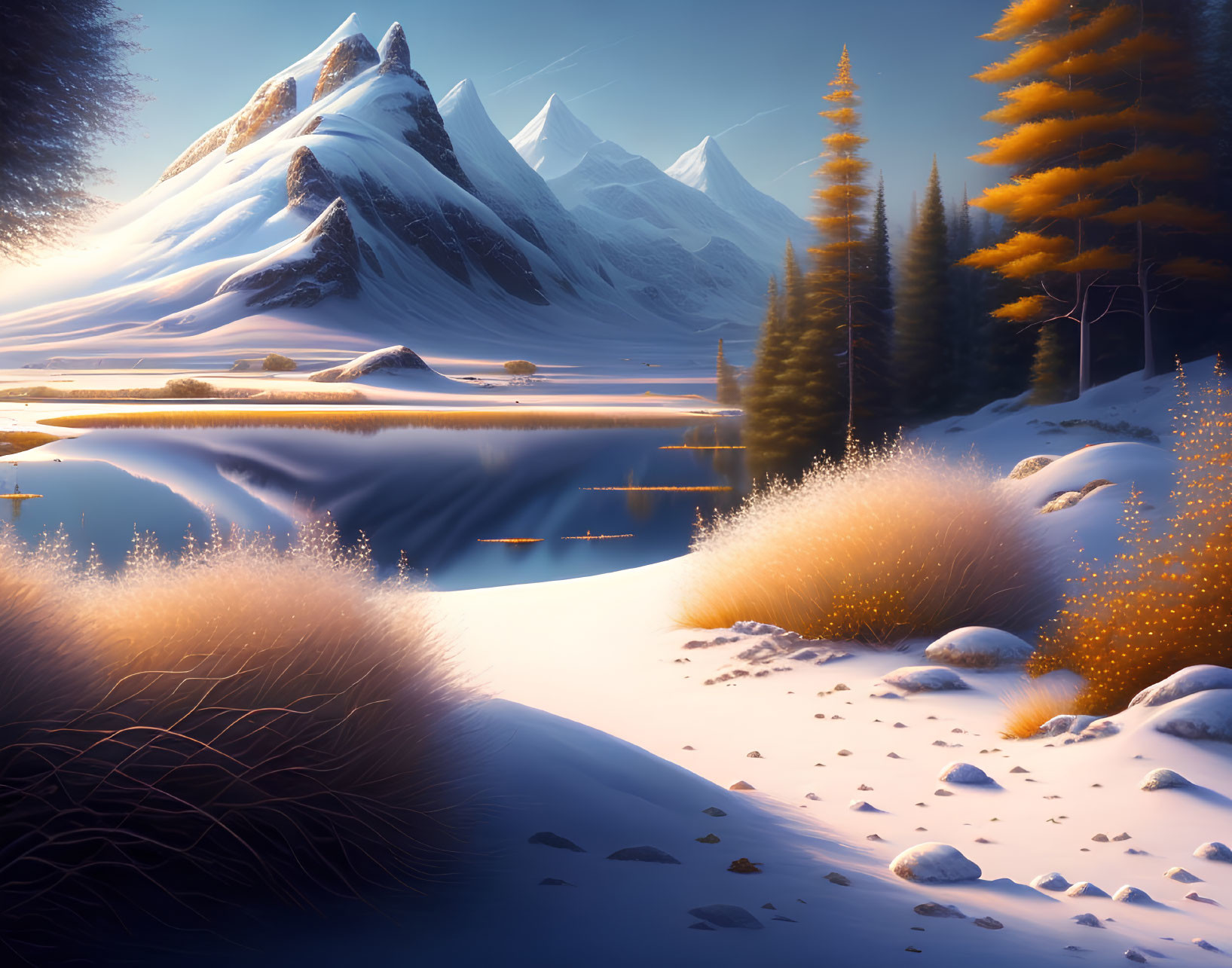 Snowy Winter Landscape: Lake, Golden Trees, Mountains