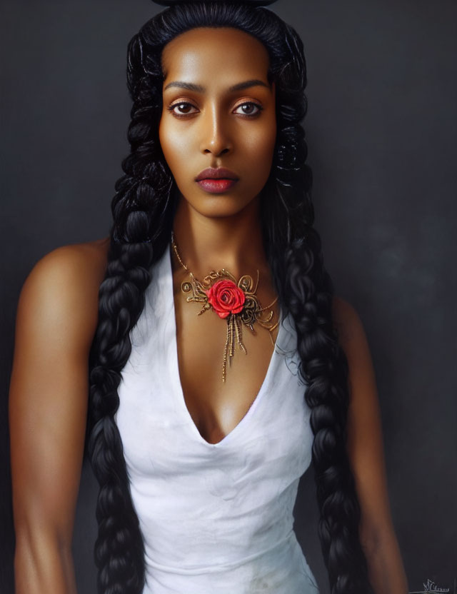 Dark-skinned woman with long braided hair in white top and red floral necklace on dark background.