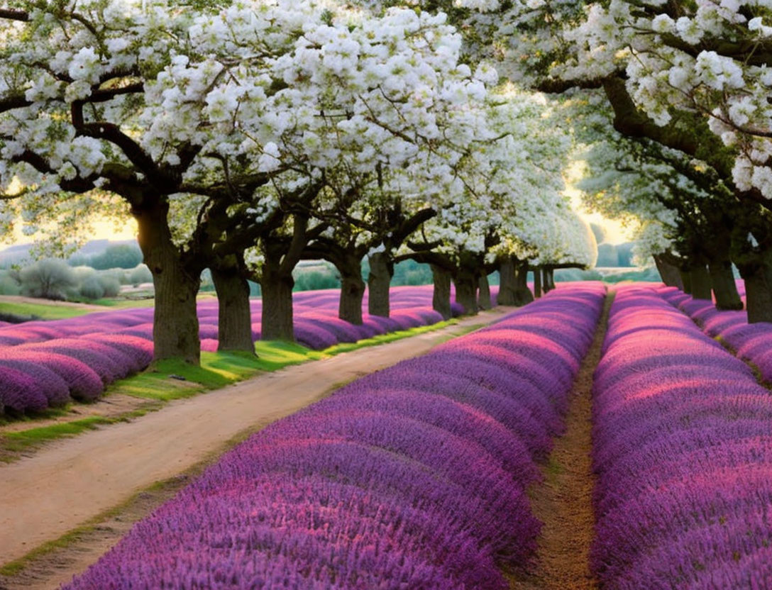 Scenic dirt path with purple flowers and white-flowered trees at sunset