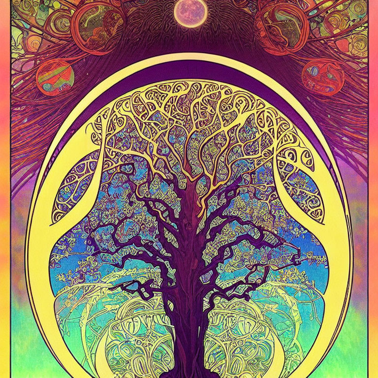 Colorful Tree Illustration on Psychedelic Celestial Background