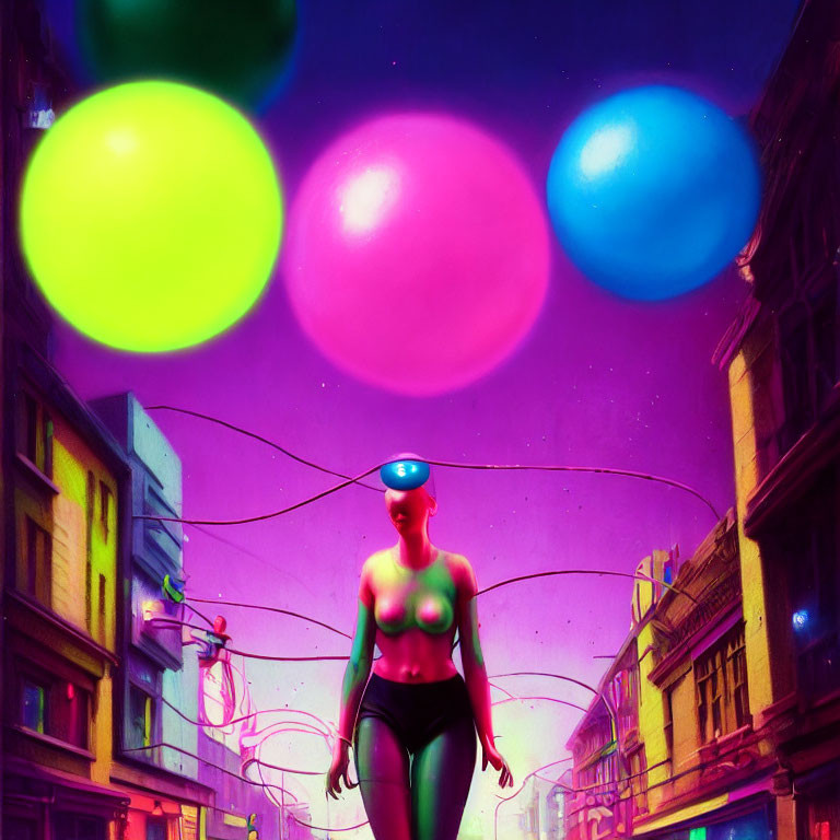 Giant humanoid figure in visor navigates neon cityscape with colorful orbs