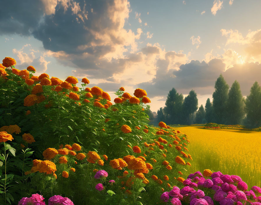 Colorful Orange and Pink Flowers with Golden Field and Green Trees at Sunset